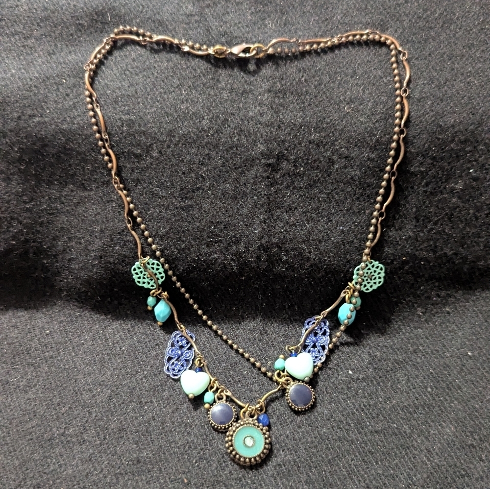 OHQ Brass Tone Blue Beaded Enamel Heart Charm Layered Statement Necklace